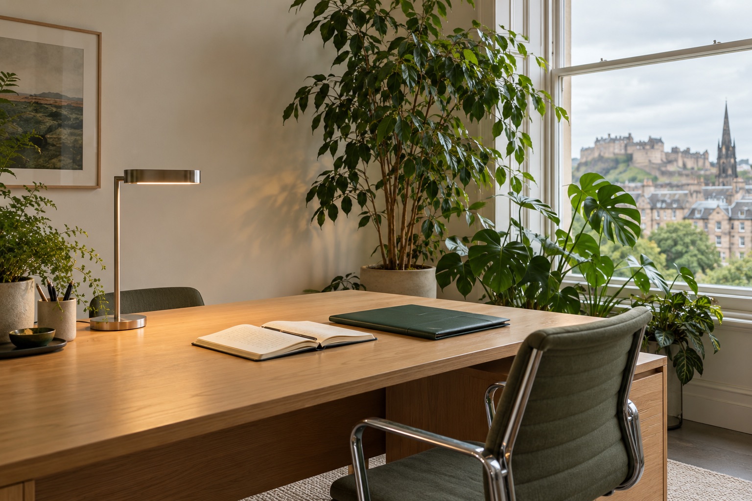 An illustrative workspace with an oak desk, notebook and green plants in natural light